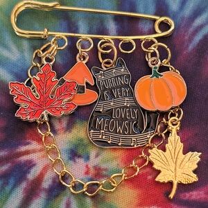 Handmade Black Orange Halloween Black Cat Pumpkin Charm Safety Pin Brooch